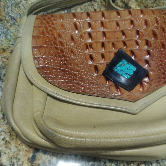 HANDMADE VINTAGE BEIGE LEATHER & ALLIGATOR W REAL TURQUOISE BAG PURSE - Picture 4 of 12